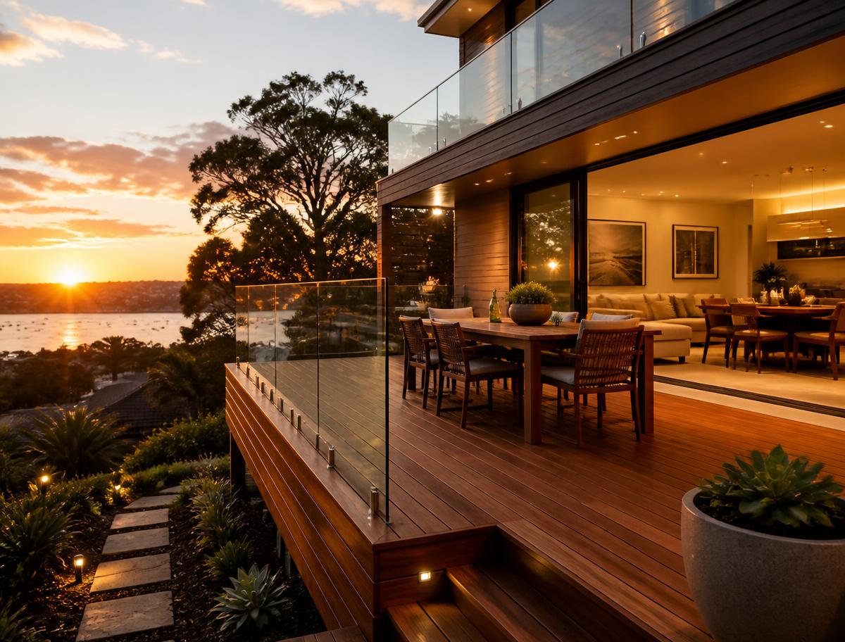 Hardwood deck with glass balustrade built by LL Group carpenters in Sydney