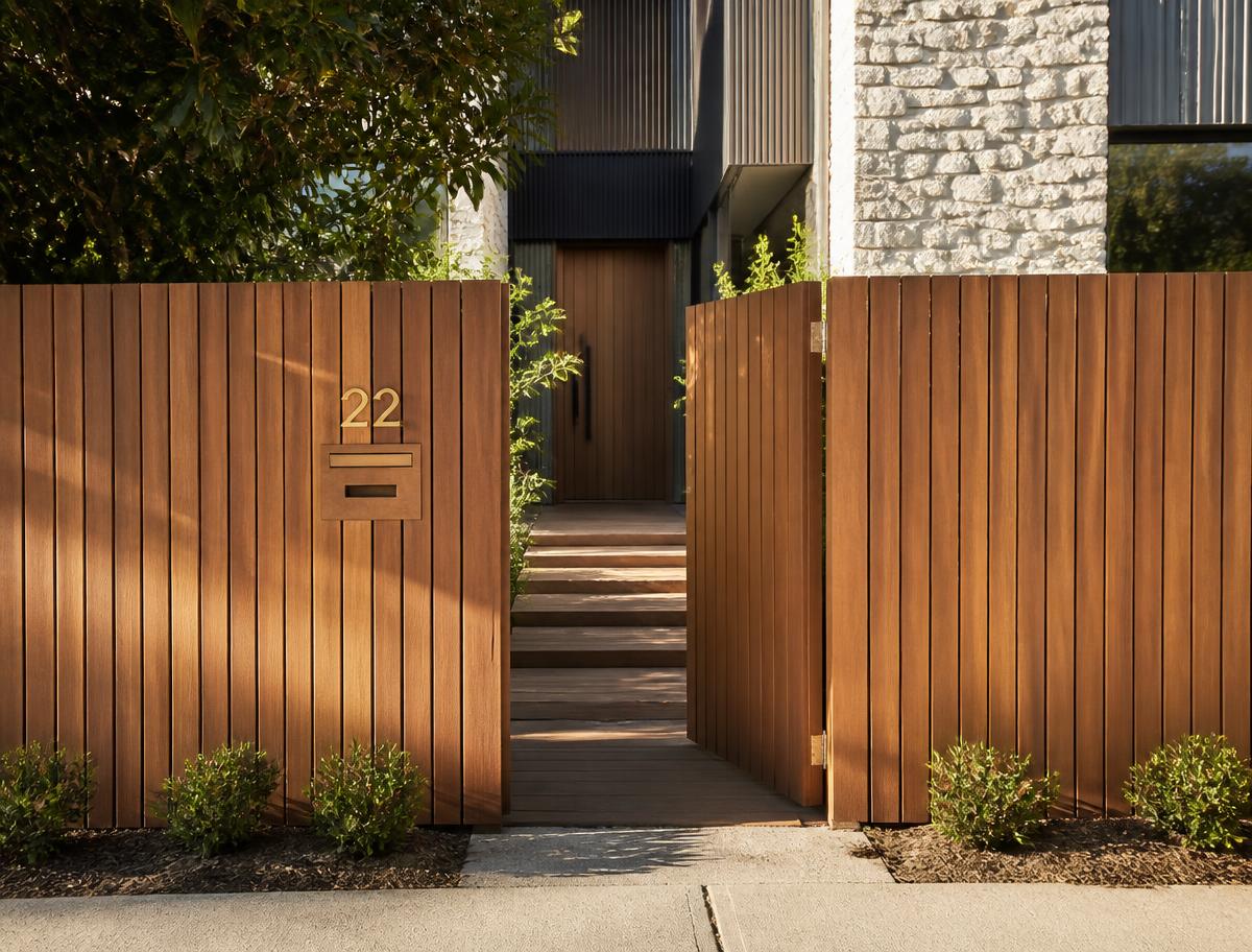 Modern hardwood fence and entry gate with brass house number